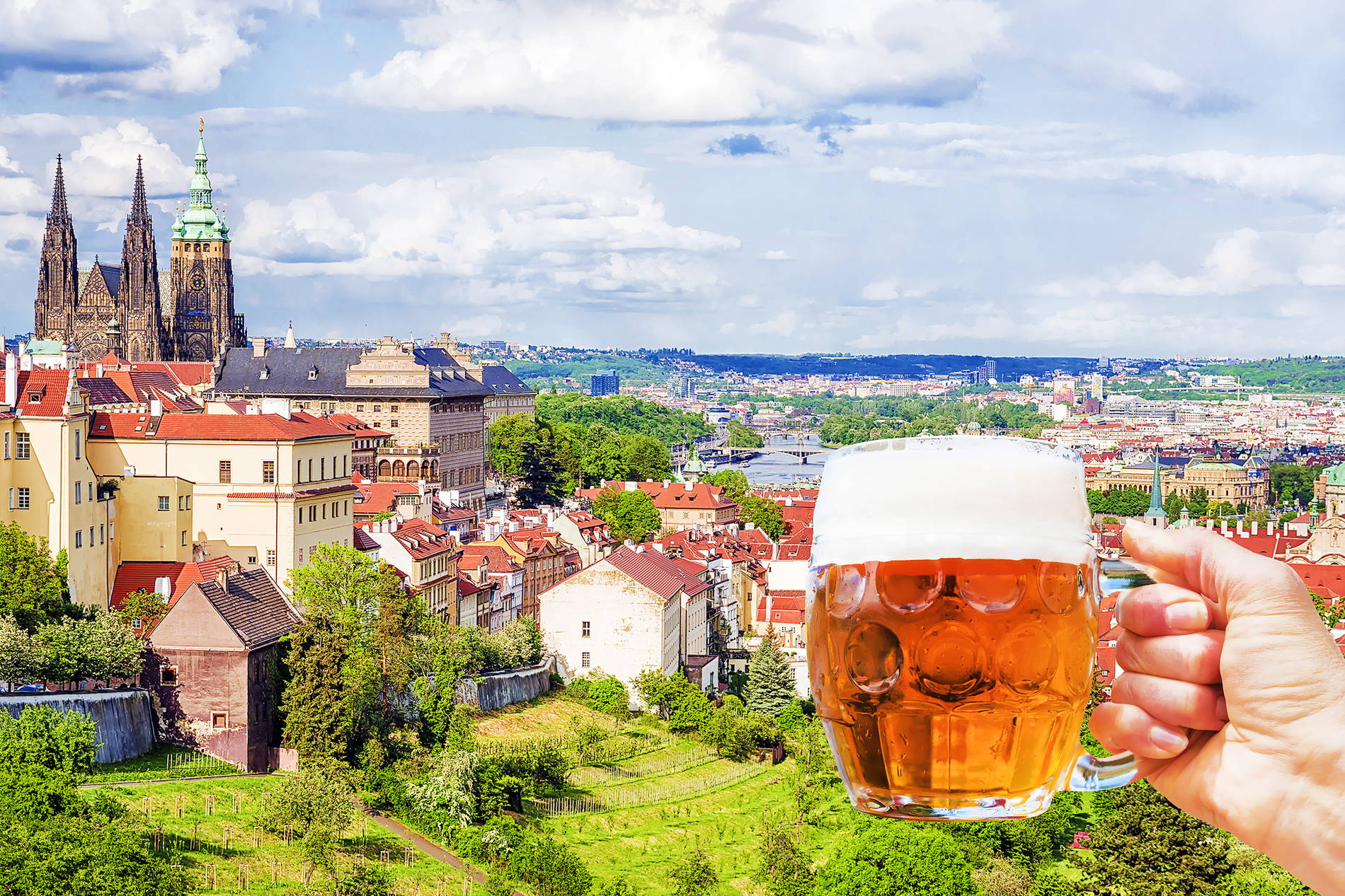 Glass of beer with Praga view